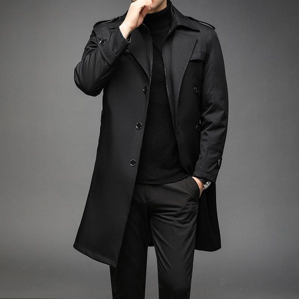 

men's trench coats coat men long liner detachable smart casual windbreakers mens jackets solid color turn down collar, Tan;black