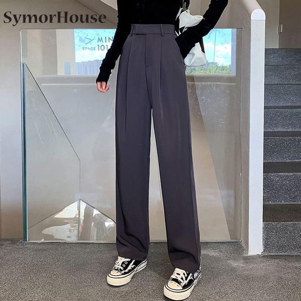 

women's pants & capris women wide leg 2021 autumn high waist slim suit loose pockets button long trousers casual bottoms all match, Black;white