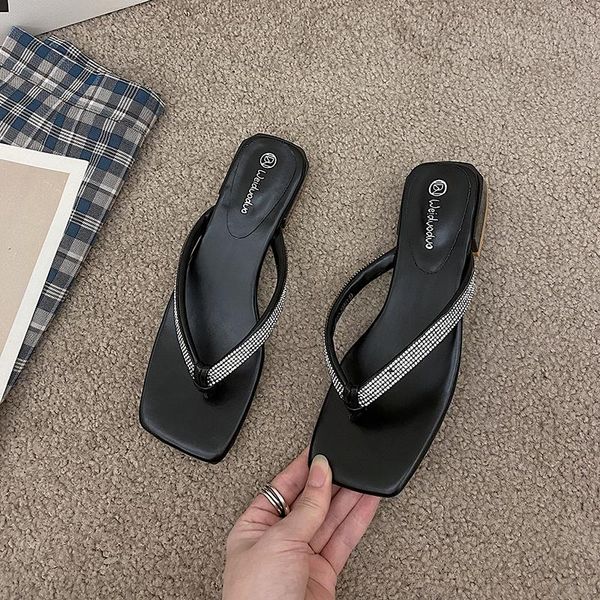 

summer low heels slippers women fashion ctystal flip flops leather sandals, Black