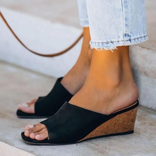 

slippers vertvie women solid color shoes wedges platform flat sole beach mules ladies slides party sandals zapatos mujer 2021, Black