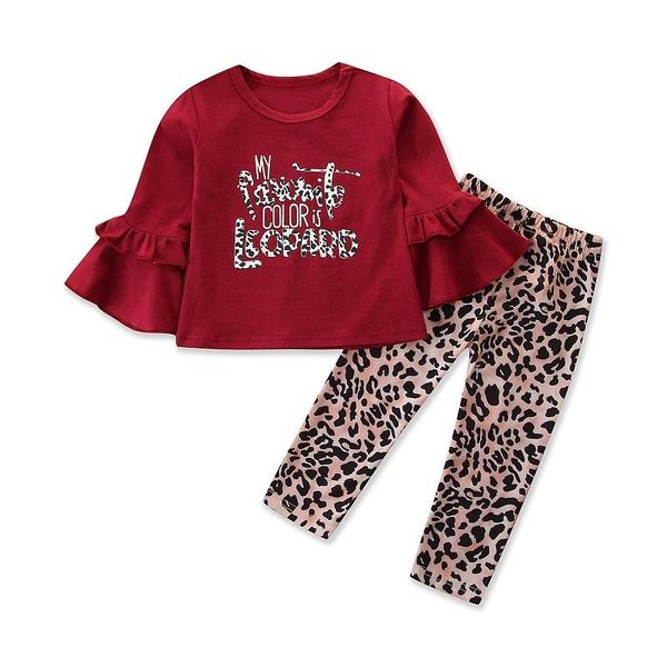 

clothing sets child girl clothes kid girls flare sleeve letter print leopard pants 2pcs outfits set, White