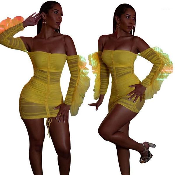 

casual dresses slim backless club dress women yellow ruffle sheer mesh long sleeve ruched 2021 summer elegant party short mini, Black;gray