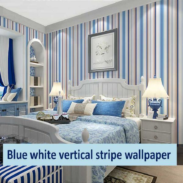 Tapeten, blau, weiß, rosa, vertikal gestreift, Tapete im mediterranen Stil, für Kinder, Cartoon-Schlafzimmer, Arbeitszimmer, Vliesstoff