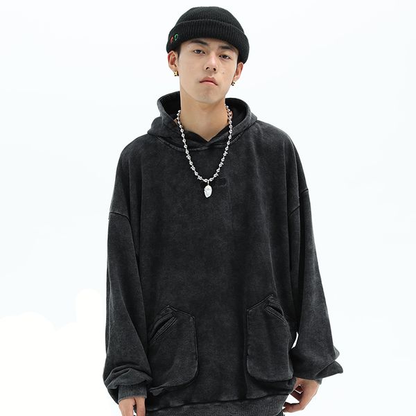 

men's hoodies & sweatshirts super big male sweatshirt, hip hop autumn harajuku streetwear washed with pockets, cotton sweater loose str, Black