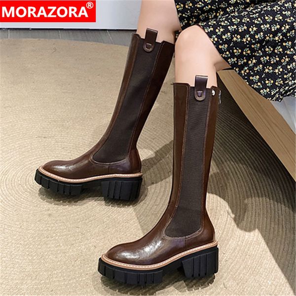 

morazora genuine leather boots square heels round toe platform ladies shoes winter keep warm knee high boots black 210506