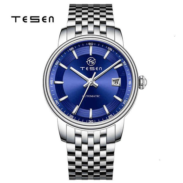

men luxury mark watches tesen automatic mechanical blue 50m waterproof casual business stainless steel, Slivery;brown