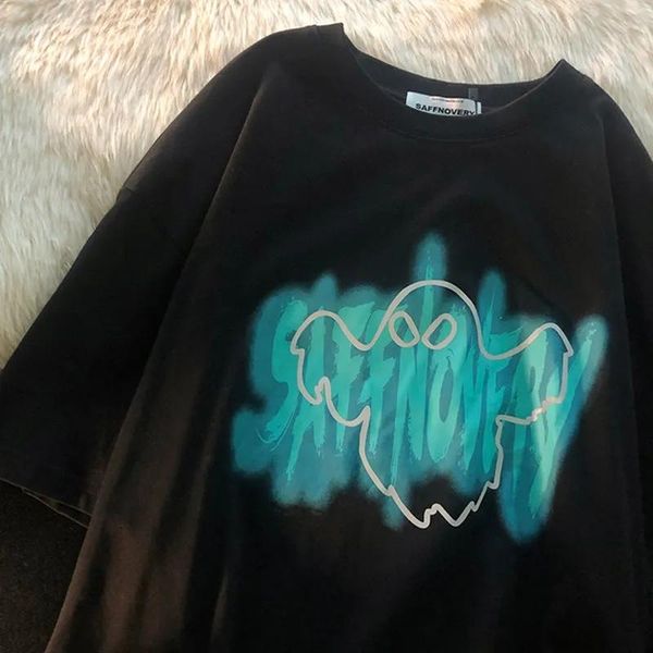 

women's t-shirt high street neck short sleeve retro harajuku pure cotton round cartoon cute letter printing loose casual y2k, White