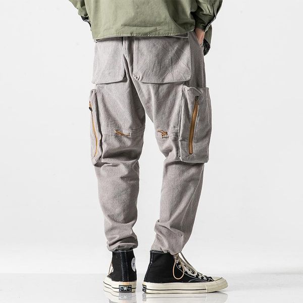 

men's pants men vintage corduroy drawstring casual cargo male loose multi-pocket streetwear hip hop harem trouser jogger sweatpants, Black