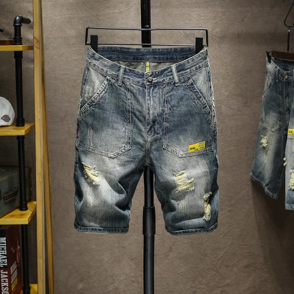 

men's jeans in summer of 2021, thin fashion brand perforated shorts, capris, youth breeches, korean pants, Blue