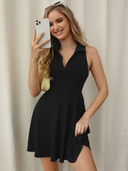

solid fit & flare dress p6iu#, Black;gray