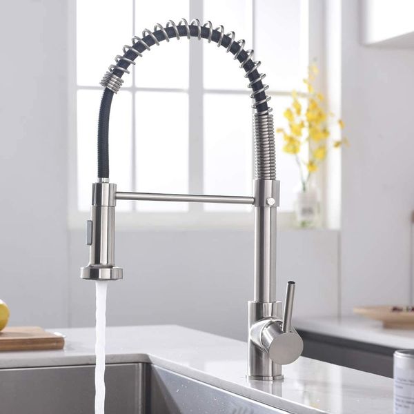 

brushed nickel finish kitchen sink faucet pull out sprayer deck mount spring mixer tap swivel spout water