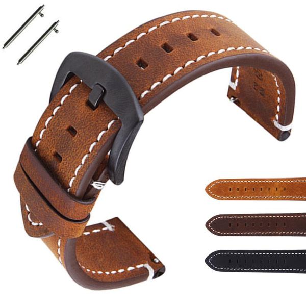

watch bands vintage genuine leather band strap 18 20 22 24mm black dark brown watchbands belt silver buckle, Black;brown