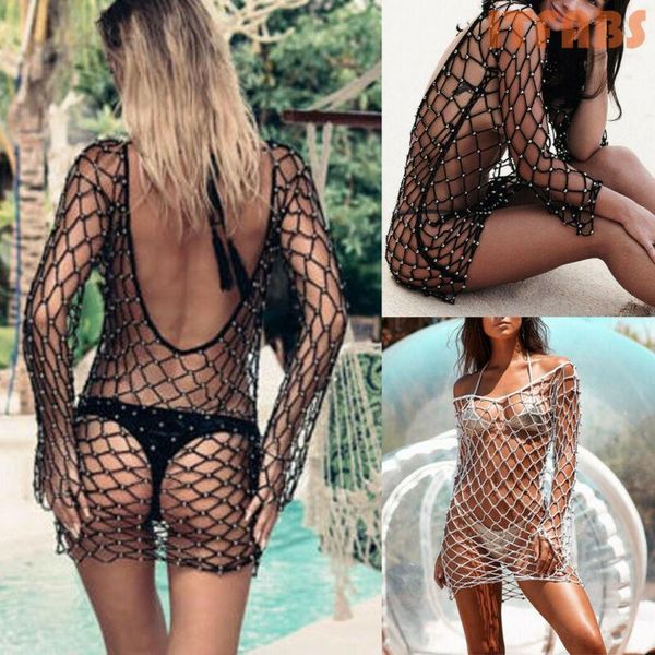 

ladies black white hollow out crochet bikini cover-ups women beach wear sheer mesh pearl short cover ups women's swimwear, White;black