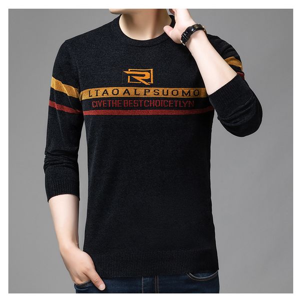 

spring and autumn winter long sleeve slim fitting bottomed shirt t-shirt chenille printed round neck sweater men's fashion, White;black