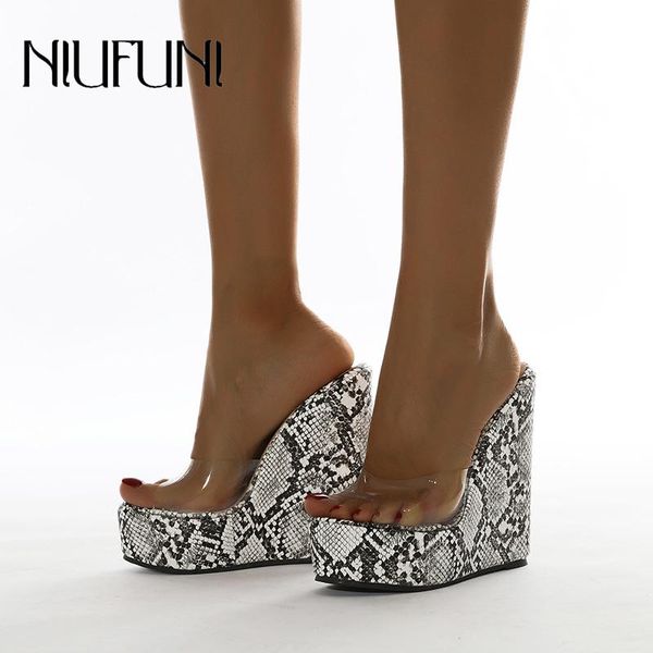 

summer transparent python pattern wild slope with comfortable women's sandals peep toes super high heels shoes slippers, Black