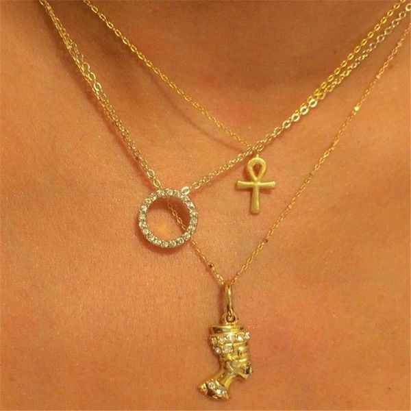 

3pcs/set retro crystal round cross egypt queen portrait pendant necklace for women girl link chain layered necklaces collares, Silver