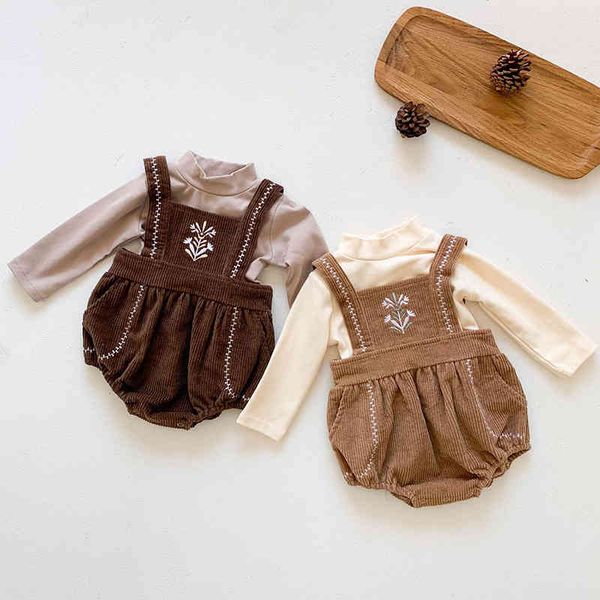 

spring children's baby boys girls embroider long sleeve t-shirt + braces pants clothing sets kids boy girl suit clothes 210429, White