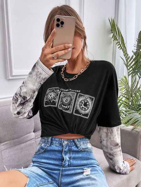 

tie dye letter & moon print drop shoulder 2 in 1 tee m9po#, White