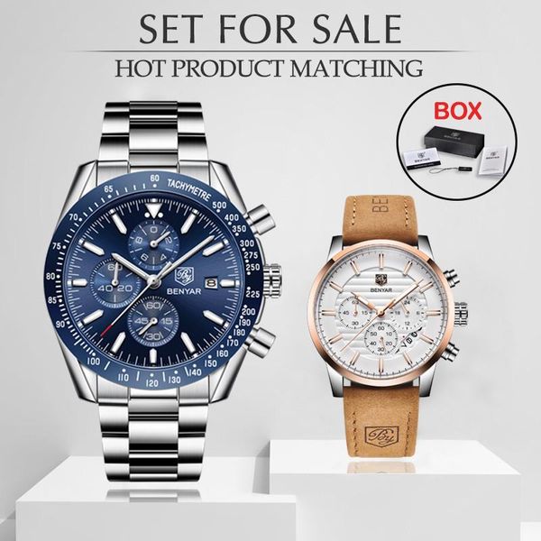 

wristwatches mens watches benyar watch men set quartz chronograph male military sport waterproof wristwatch reloj hombre, Slivery;brown