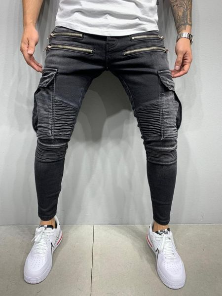

men's jeans stm design black ray pattern double zipper slim fit, Blue