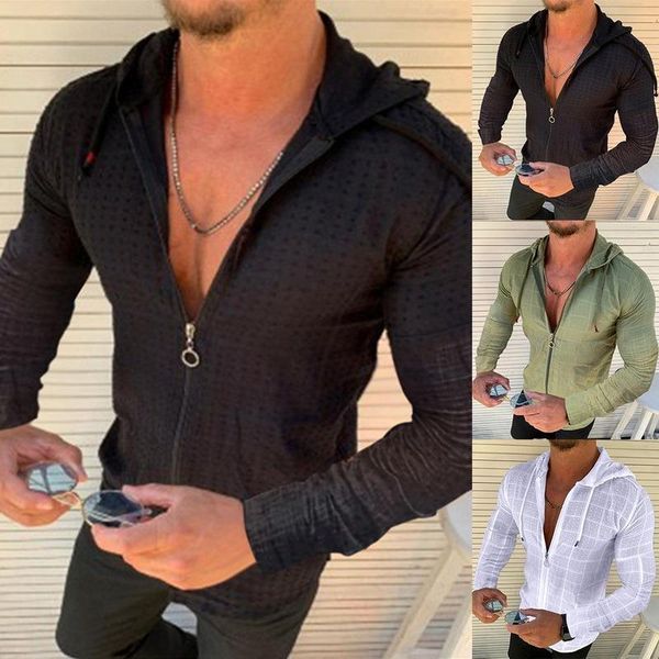 

men's casual shirts fashion long/short sleeved hoodie zipper t shirt men clothing summer solid color plaid print open stitch thin tshir, White;black