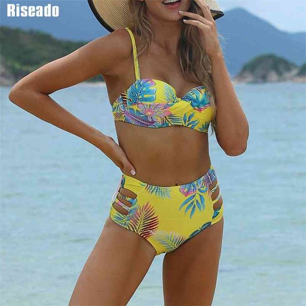 

riseado push up bikinis set swimwear women high waisted swimsuits leaf printed biquini bikini cut out beach wear 210323, White;black