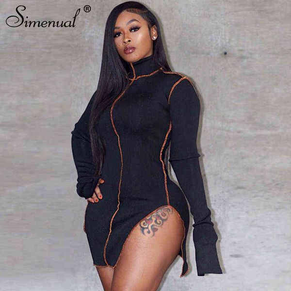 Simenual Side Slit Retalhos Mulheres vestidos casuais de manga longa Athleisure moda 2021 Bodycon mini vestido slim vestuário esportivo G1214