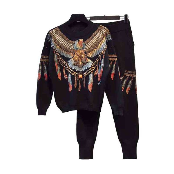 

pant fashion knitted suit women outfits handwork beading eagle print sweater pencil pants two piece set female loose casual knit 2pc, White