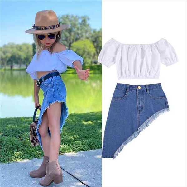 

1 6years fashion summer toddler kids baby girls clothes off shoulder crop tassel irregular denim mini skirts outfits, White