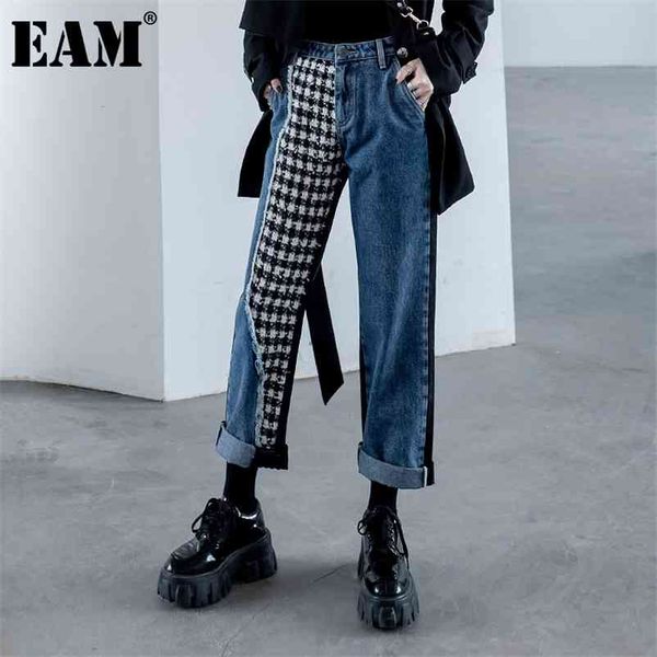 

[eam] blue balck plaid denim long wide leg jeans new high waist loose women trousers fashion tide spring autumn 1db859 210322