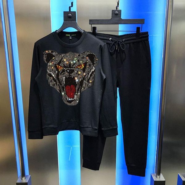 

men's tracksuits european and american fashion hoodie + pants winter tracksuit rhinestone leopard head pattern sets high quality, Gray