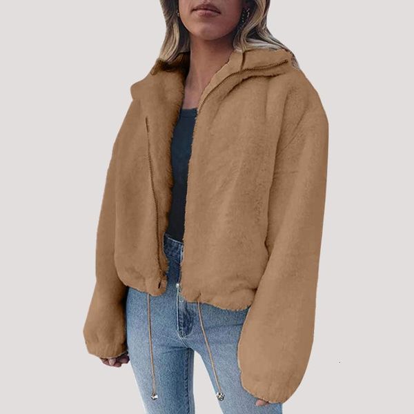 

women's fur & faux fashion lapel sweatshirt fleece coat women autumn winter warm soft jacket thick plush zipper overcoat short out, Black