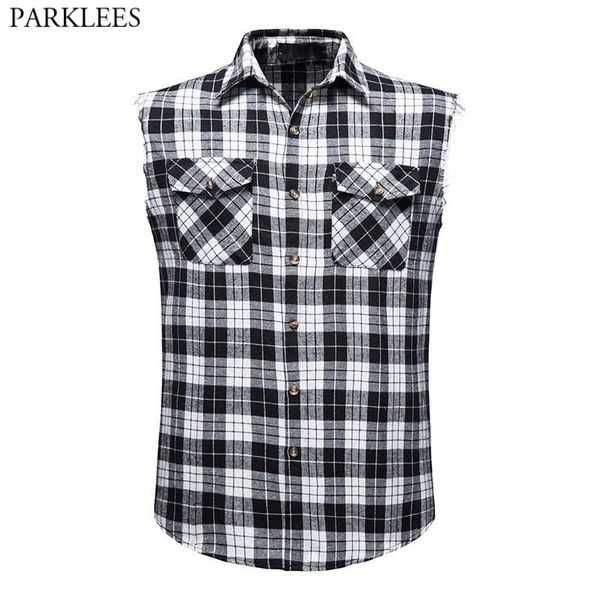 

double pocket sleeveless plaid shirt men casual flannel snap shirt male cowboy button down cotton plus size vest shirt chemise 210522, White;black