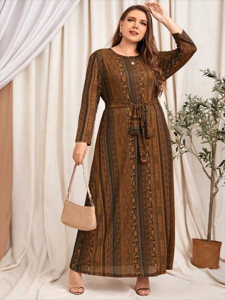 

plus size dresses winter dress women 2021 female o neck long sleeve striped retro printing vintage loose large abaya dubai turkey, Black