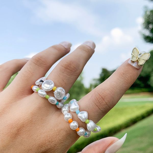 

minimalist imitate pearl geometric rings women boho irregular round heart beads finger jewelry fashion adjustable elastic rings, Silver