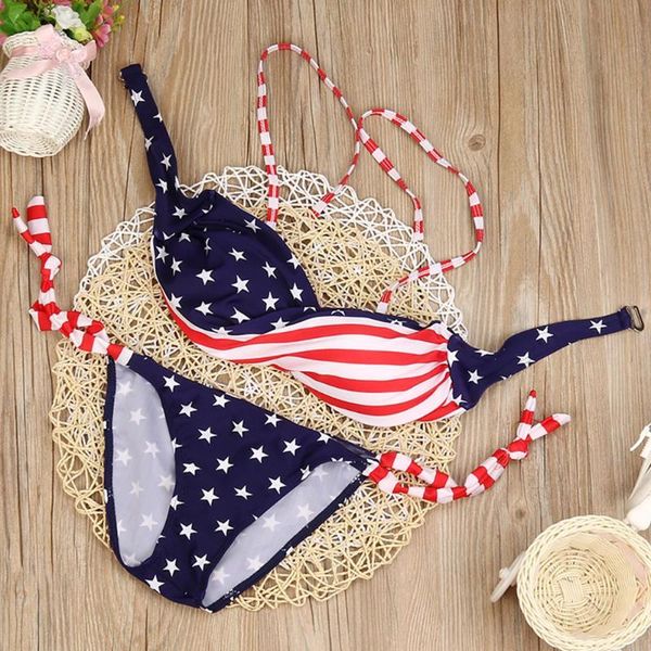 

women's swimwear women bikini set us flag printed push-up padded bra bandage swimsuit beachwear biquini maillot de bain femme c0915, White;black