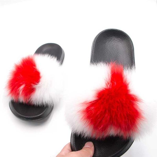 

women's furry flat slippers female fur plush flats sandals ladies cute fluffy slides woman raccoon flip flops home shoes, Black