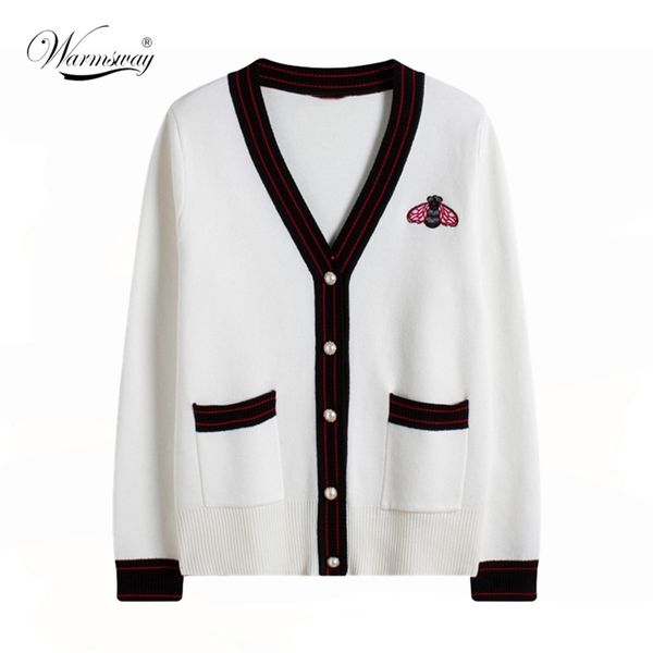 

women's spring autumn fashion designer bee embroidery cardigan single breasted contrast color button knitted sweaters c-204 210522, White