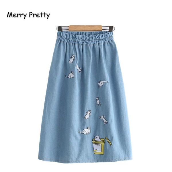 

merry pretty denim women's cartoon cat embroidery skirts 2021 autumn elasticity waist mini femme girl jeans skirt, Black