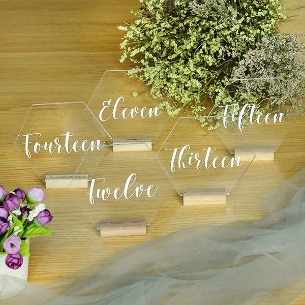 

party decoration printed wedding table decor,custom number sign for big decor,clear acrylic with wood holder set