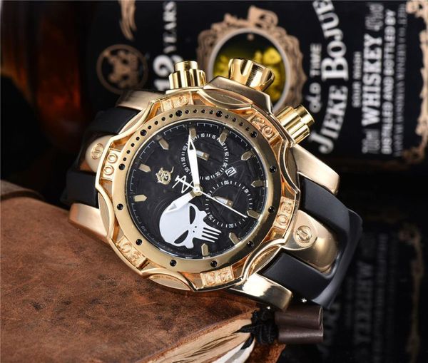 

wristwatches style undefeated skull decoration super quality men watch invincible rubber strap wristwatch calendar quartz watches reloj, Slivery;brown