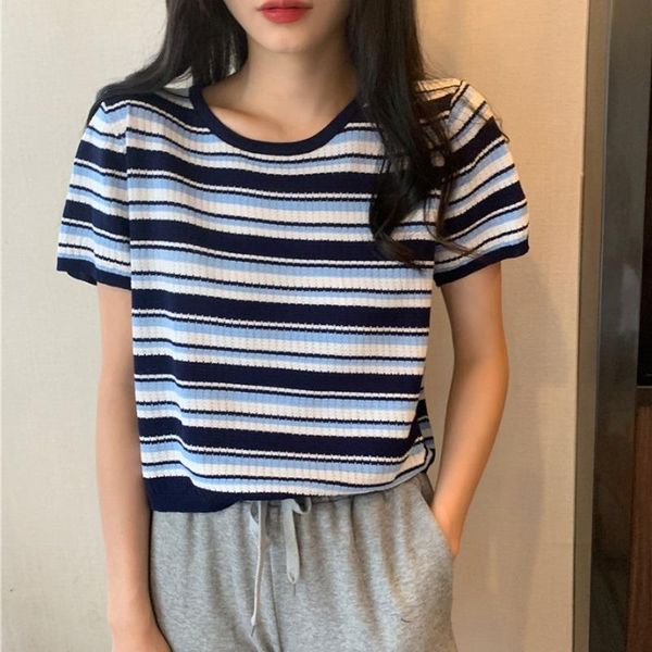

women's t-shirt japan style vintage knitted t-shirts women summer casual cute short sleeve striped hit colors crop female chic sweet t, White
