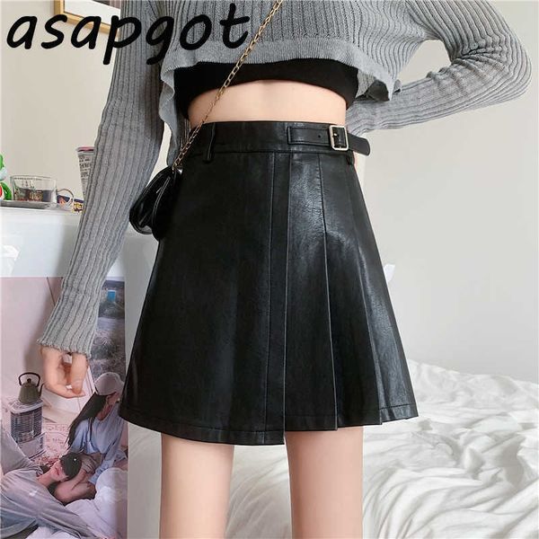 

chic korea wild slim high waist irregular pleated black pu leather skirt women plus size mini fashion streetwear vintage winter 210610