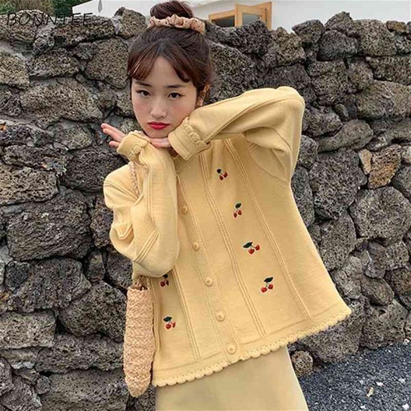 

sweaters women lovely cartoon embroidery chic ulzzang all-match autumn girls cropped cardigans sweet vintage woman knitwear, White;black