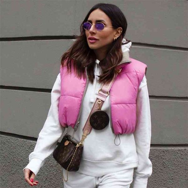 ZXQJ Süße Frauen Kurze Daunenweste Mäntel Frühling Vintage Damen Niedliche Rosa Weste Jacken Streetwear Weibliche Chic Mädchen 210909