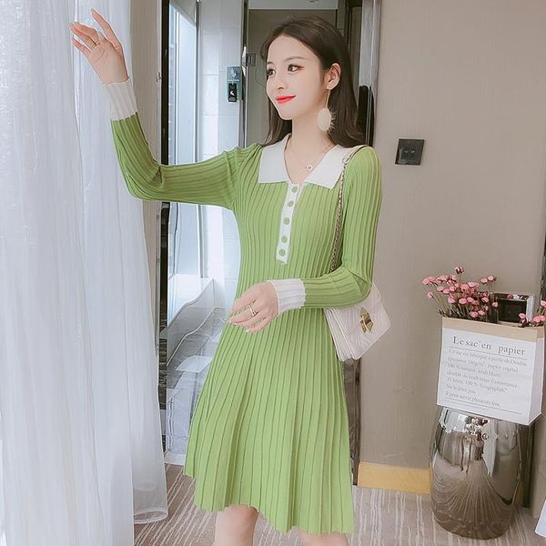 

casual dresses elegant slim knitted dress women 2021 autumn and winter high-waist long sleeve solid stripes female, Black;gray