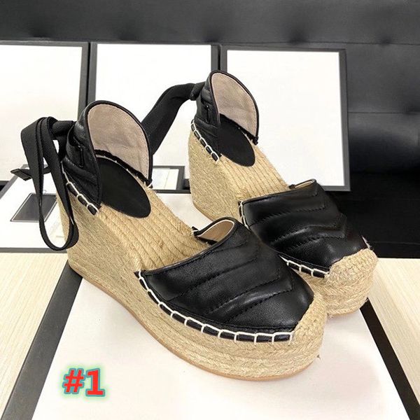 

fashion designer style summer casual beach slope heel sandals women's leather thick bottom grass made fisherman knitting wedge slipper, Black