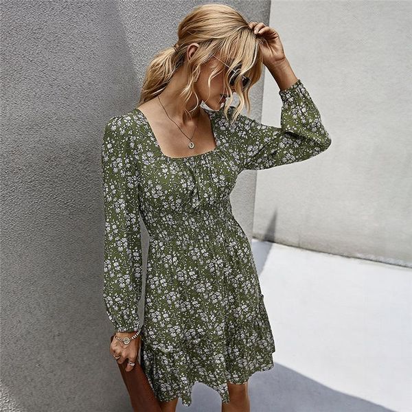 

casual dresses women square collar ruffles high waist floral dress for autumn winter vintage print, Black;gray