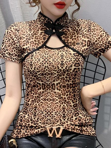 

women's t-shirt floral t-shirt, leopard short sleeve cheonsam, White