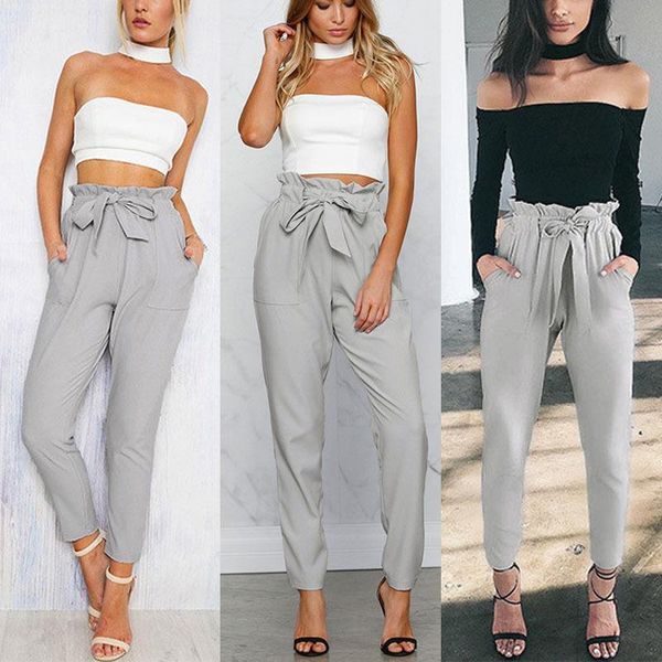 

3 colors high womens pant elastic waist harem bow tie pockets office lady casual trousers pantalones with belt, Black;white